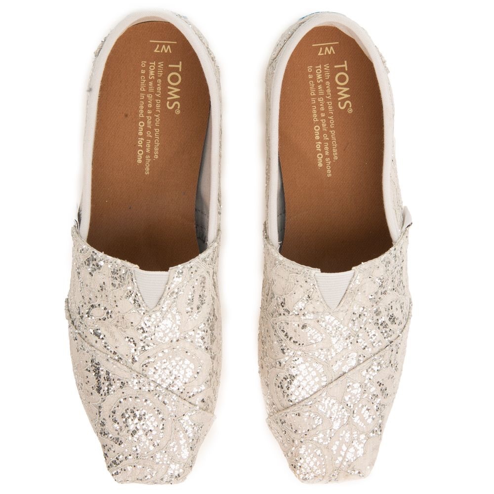 TOMS Silver Lace Glitz Alpargata Flats Like New Sz 6.5